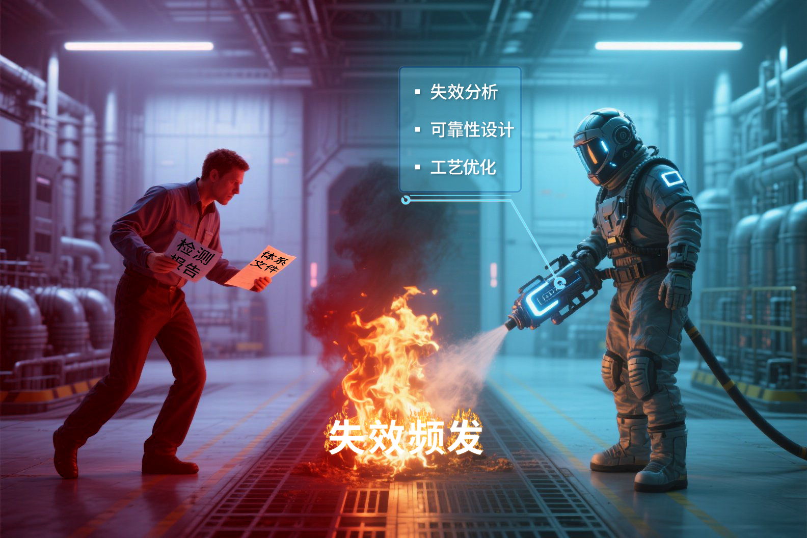 失效频发怎么办 从"防火难"到"防火+救火双强"对比图 (本图由AI生成)
